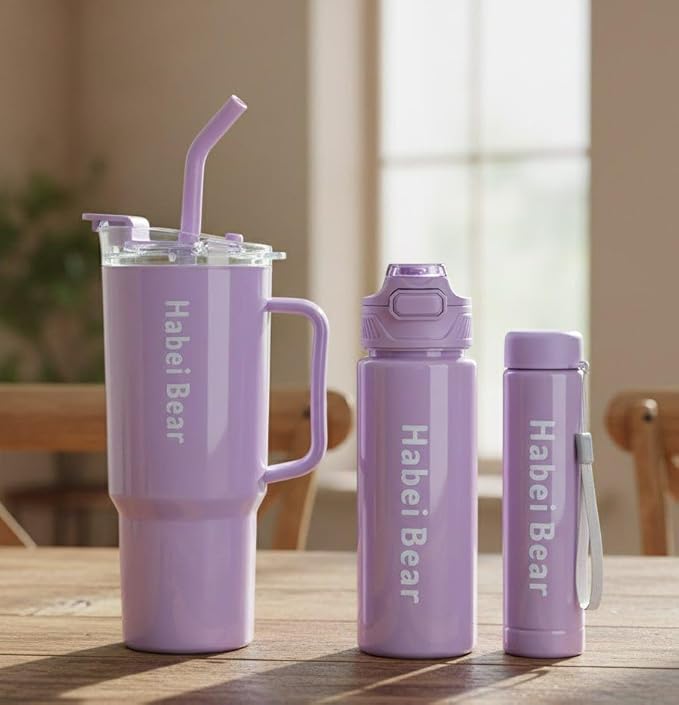 Insulated Tumbler Set, Purpule Or Blue,1200ml/800ml/300ml, Double Wall with Straw and Handle, Hot Cold Drinks Coffee Water Bottles