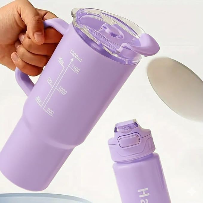 Insulated Tumbler Set, Purpule Or Blue,1200ml/800ml/300ml, Double Wall with Straw and Handle, Hot Cold Drinks Coffee Water Bottles