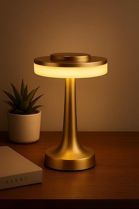 NYRWANA Table Lamp | 2000mAh Battery | Home Decor, Lamps for Bedroom, Lamp for Living Room, Valentine Gift, Stepless Dimming, 3 Colour Touch Control, USB-c Charging (Metal - Gold)