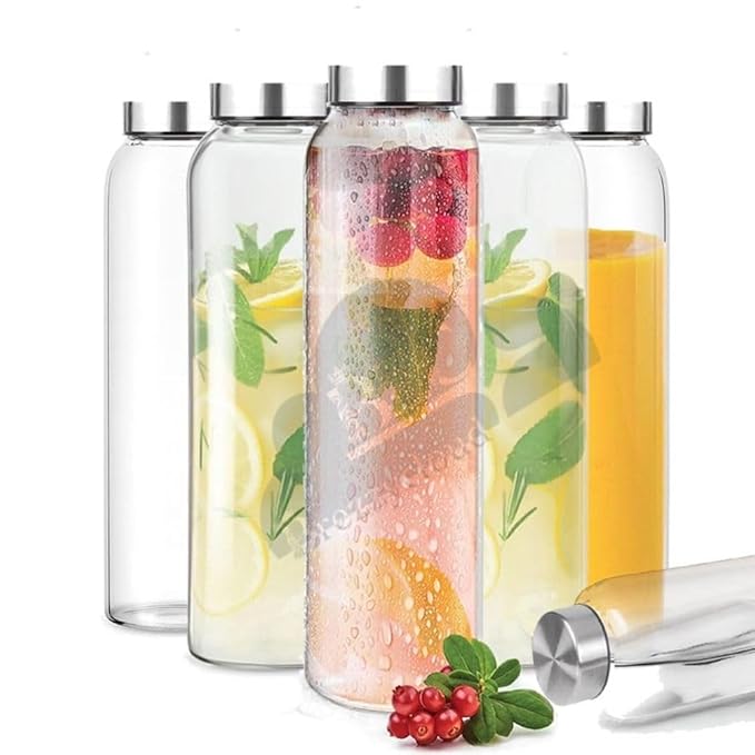 Glass Fridge Water Bottle with Steel Cap | Leak proof & detox water bottle glass | Wide mouth & Easy to Clean | Best Usage for Office/School/College | Set of 6, 800ml | Clear