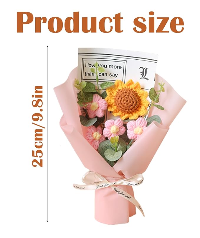 Cotton Crochet Sunflower Bouquet, Crochet Flower Lovely Color Gift for Girls Home Decor for Mother Assortment of Small Sunflower with Light Pink Wrapping Paper