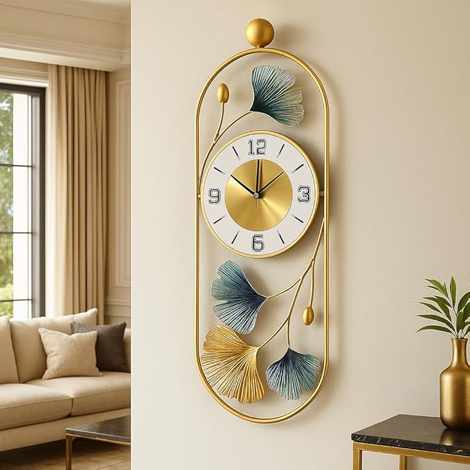 Gold Metal Wall Clock for Living Room Stylish Decor | Designer Ginkgo Leaf Wall Art | Silent Non-Ticking Premium Analog Clock for Home & Bedroom
