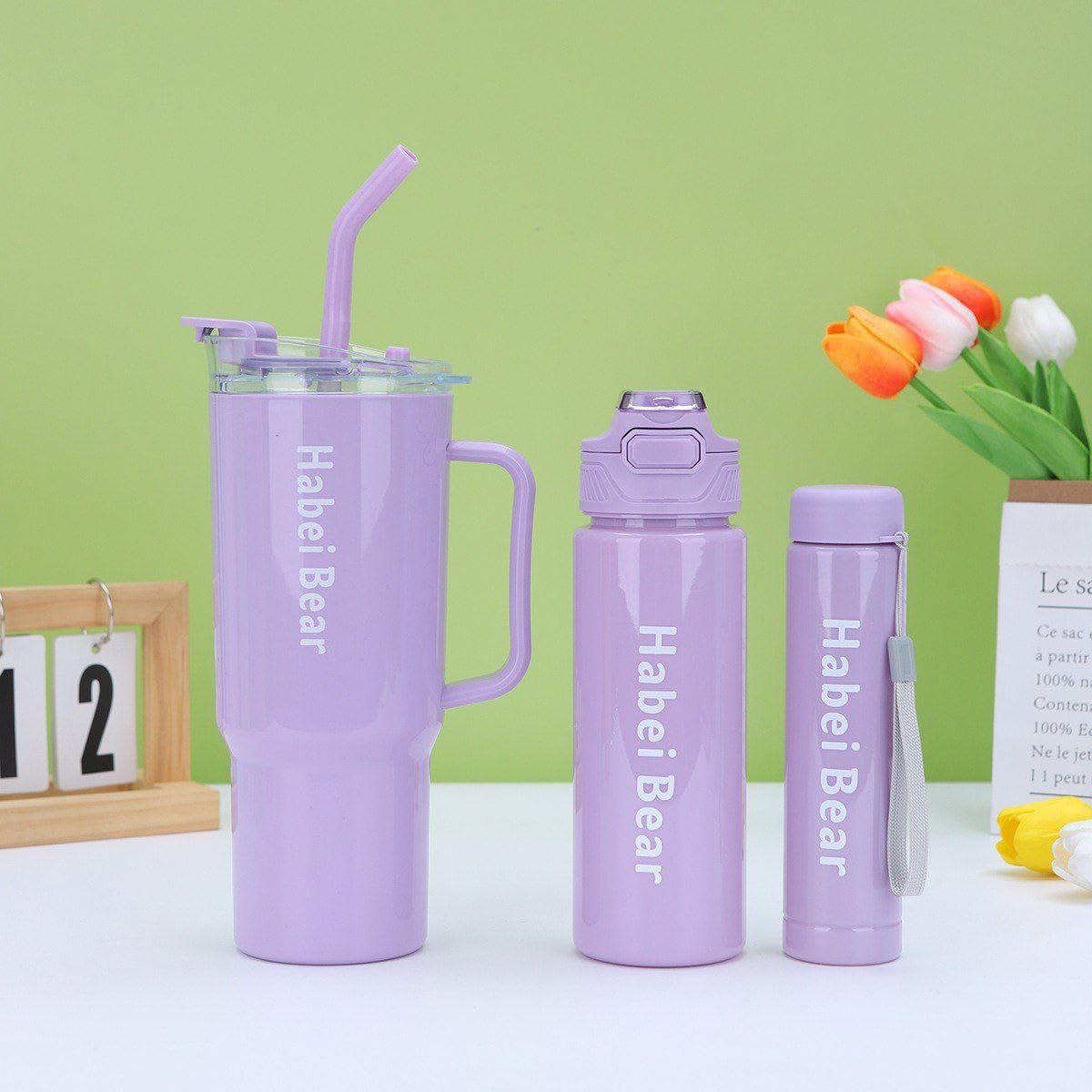 Insulated Tumbler Set, Purpule Or Blue,1200ml/800ml/300ml, Double Wall with Straw and Handle, Hot Cold Drinks Coffee Water Bottles