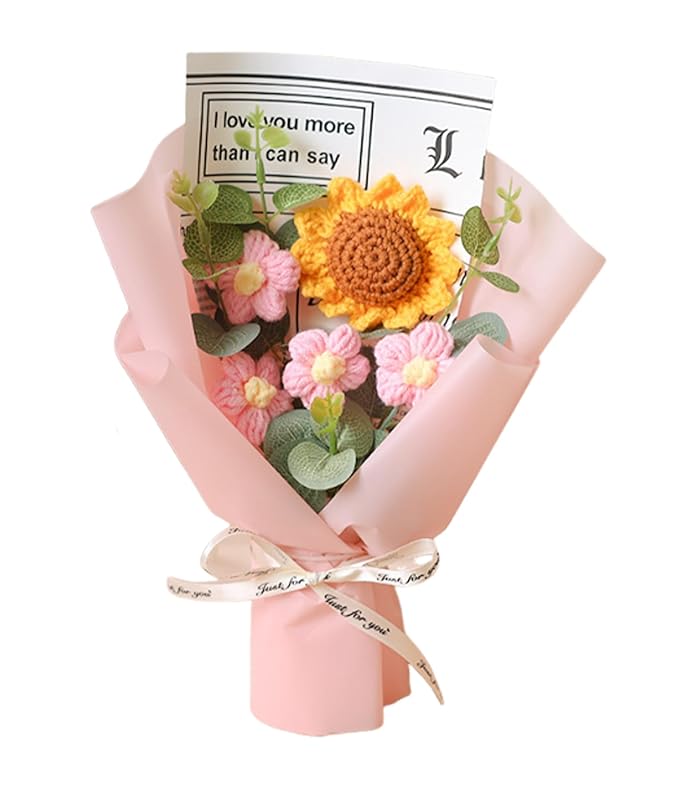 Cotton Crochet Sunflower Bouquet, Crochet Flower Lovely Color Gift for Girls Home Decor for Mother Assortment of Small Sunflower with Light Pink Wrapping Paper