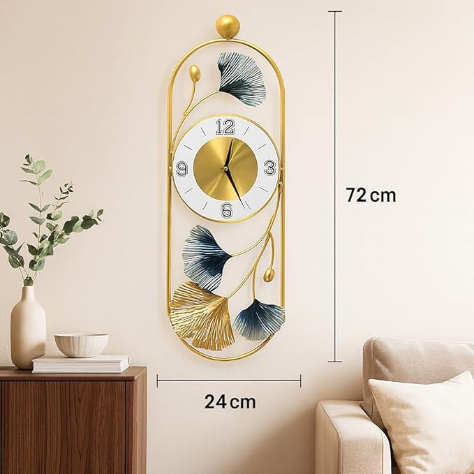 Gold Metal Wall Clock for Living Room Stylish Decor | Designer Ginkgo Leaf Wall Art | Silent Non-Ticking Premium Analog Clock for Home & Bedroom