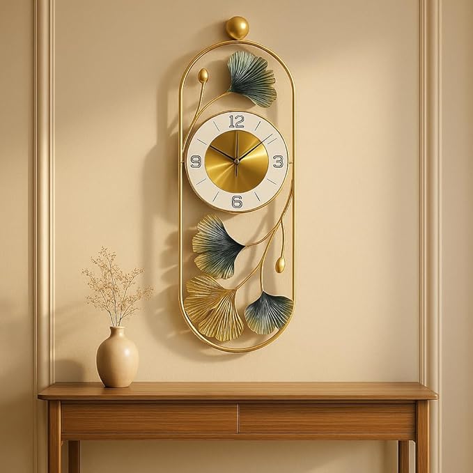 Gold Metal Wall Clock for Living Room Stylish Decor | Designer Ginkgo Leaf Wall Art | Silent Non-Ticking Premium Analog Clock for Home & Bedroom