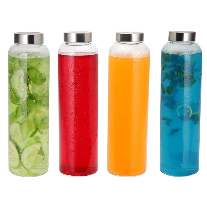 Glass Fridge Water Bottle with Steel Cap | Leak proof & detox water bottle glass | Wide mouth & Easy to Clean | Best Usage for Office/School/College | Set of 6, 800ml | Clear