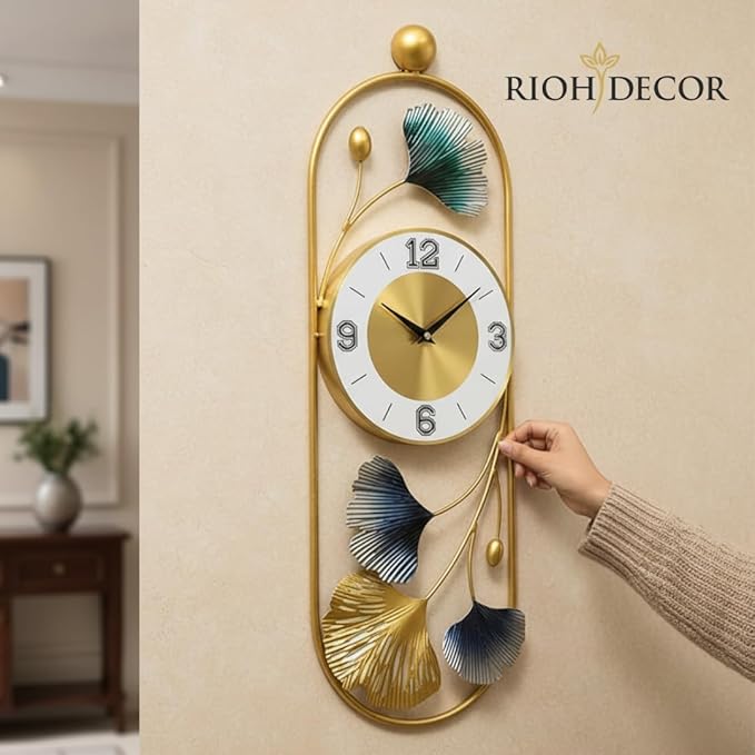 Gold Metal Wall Clock for Living Room Stylish Decor | Designer Ginkgo Leaf Wall Art | Silent Non-Ticking Premium Analog Clock for Home & Bedroom