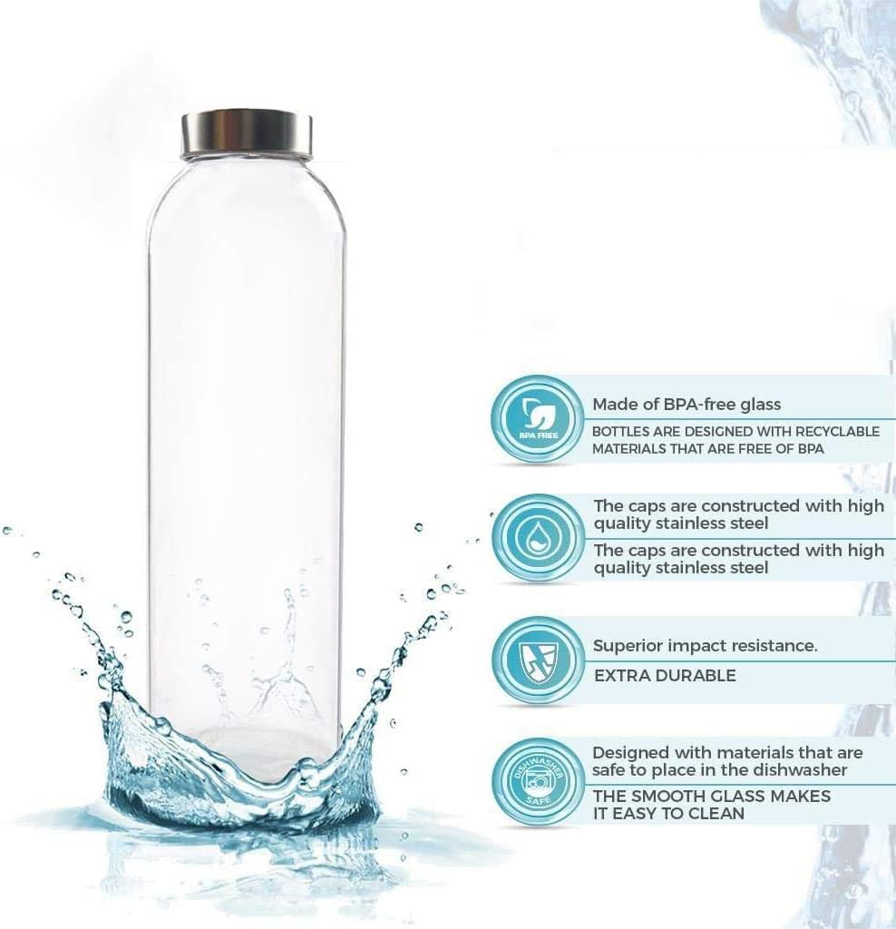 Glass Fridge Water Bottle with Steel Cap | Leak proof & detox water bottle glass | Wide mouth & Easy to Clean | Best Usage for Office/School/College | Set of 6, 800ml | Clear