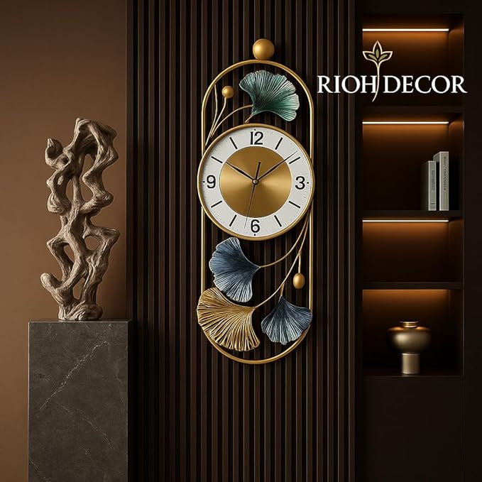 Gold Metal Wall Clock for Living Room Stylish Decor | Designer Ginkgo Leaf Wall Art | Silent Non-Ticking Premium Analog Clock for Home & Bedroom