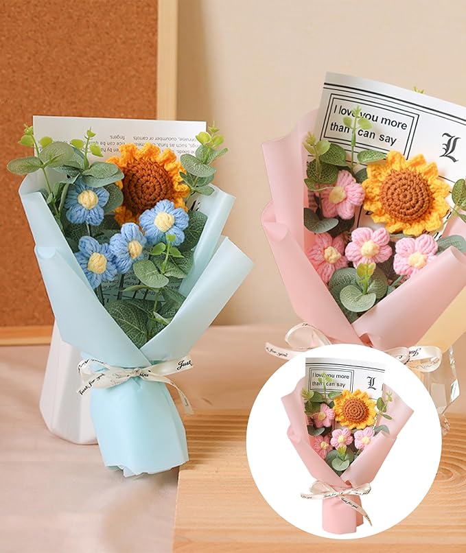 Cotton Crochet Sunflower Bouquet, Crochet Flower Lovely Color Gift for Girls Home Decor for Mother Assortment of Small Sunflower with Light Pink Wrapping Paper