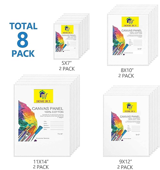 HOME BUY Made in Bharat Cotton Canvas Boards for Painting, Blank Canvas for Painting Using Acrylic Paint or Oil (Total 8 PC (2X(5x7, 8x10, 9x12, 10x14)) - Multi Pack