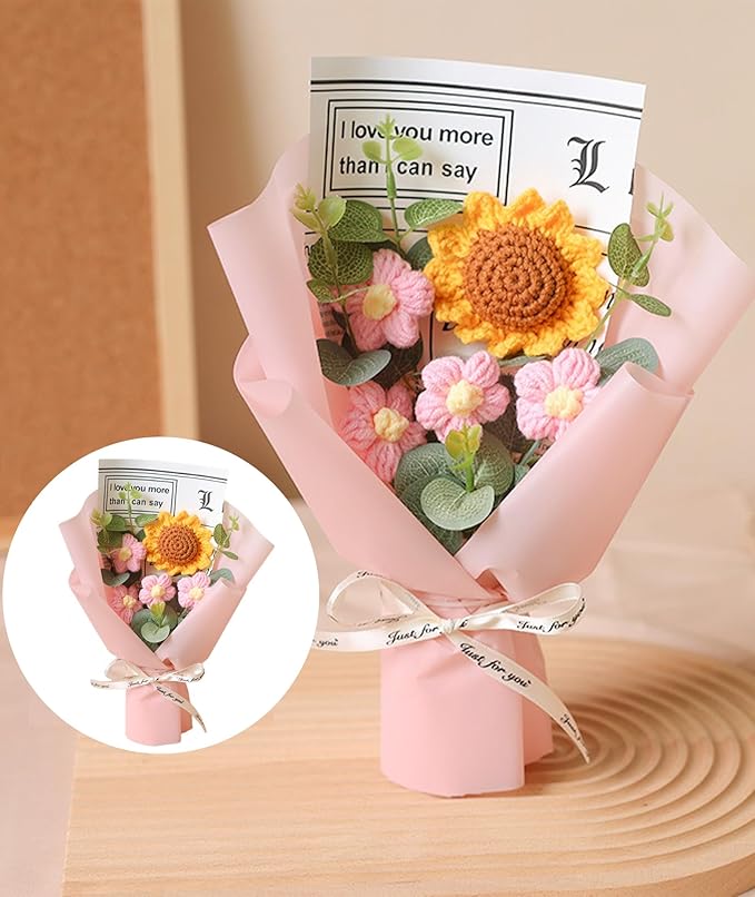 Cotton Crochet Sunflower Bouquet, Crochet Flower Lovely Color Gift for Girls Home Decor for Mother Assortment of Small Sunflower with Light Pink Wrapping Paper