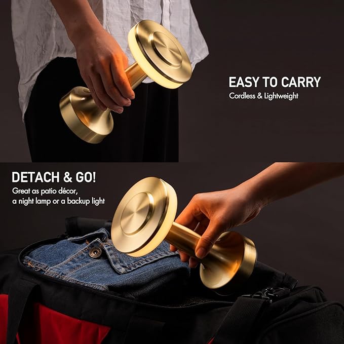 NYRWANA Table Lamp | 2000mAh Battery | Home Decor, Lamps for Bedroom, Lamp for Living Room, Valentine Gift, Stepless Dimming, 3 Colour Touch Control, USB-c Charging (Metal - Gold)